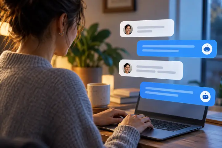 Close-up of a polished customer-support chat interface with friendly blue and neutral message bubbles.