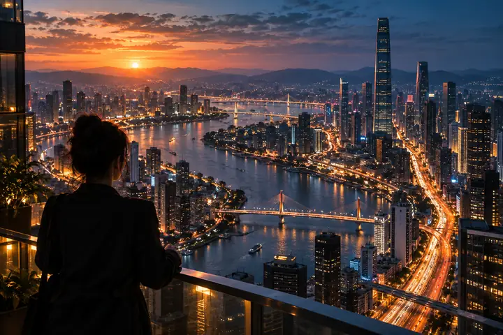 Cinematic aerial view of a luminous city at sunset, with warm traffic trails and a blue-hour skyline.