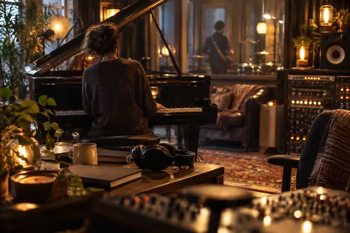 Warm, atmospheric recording studio with a piano, headphones, and softly illuminated audio equipment.