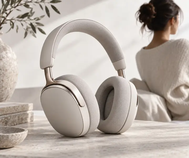 Premium wireless headphones photographed on a pale studio backdrop in soft editorial light.
