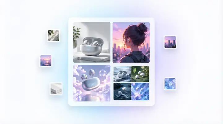 Image generation workspace showing product photography, illustrated characters, and creative image variations.