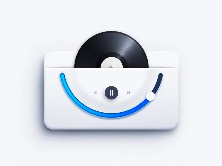 Minimal music playback interface with a record, a curved blue progress control, and soft shadows.