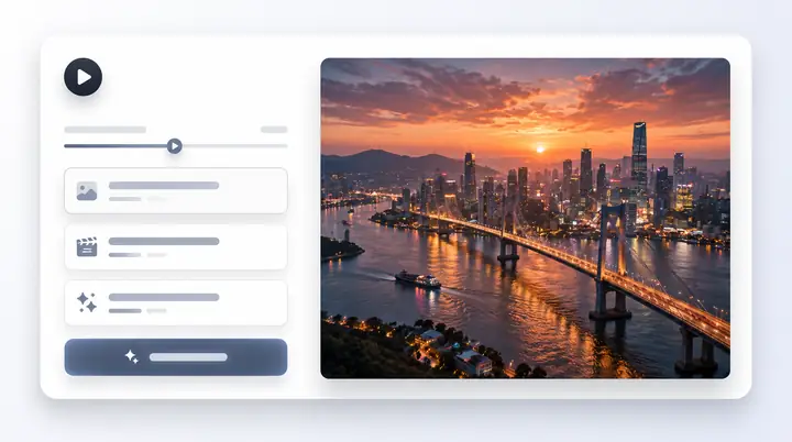 Video generation interface beside a cinematic aerial city scene at sunset.