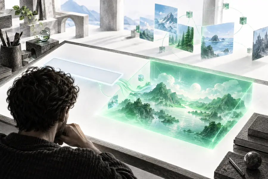 Illustrative image-generation workspace with an input prompt